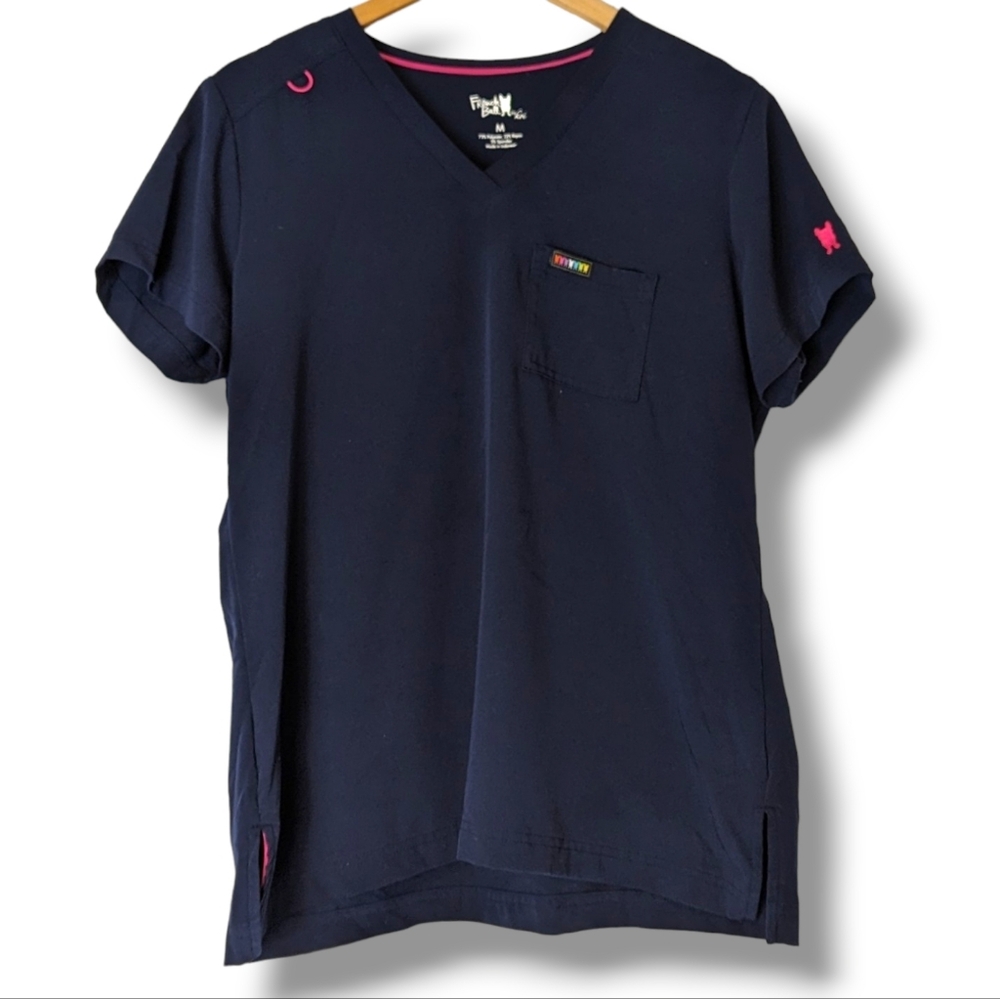 Koi French Bull Frenchie Bulldog Vet Scrubs Top in Navy Rainbow Embroidery: Med